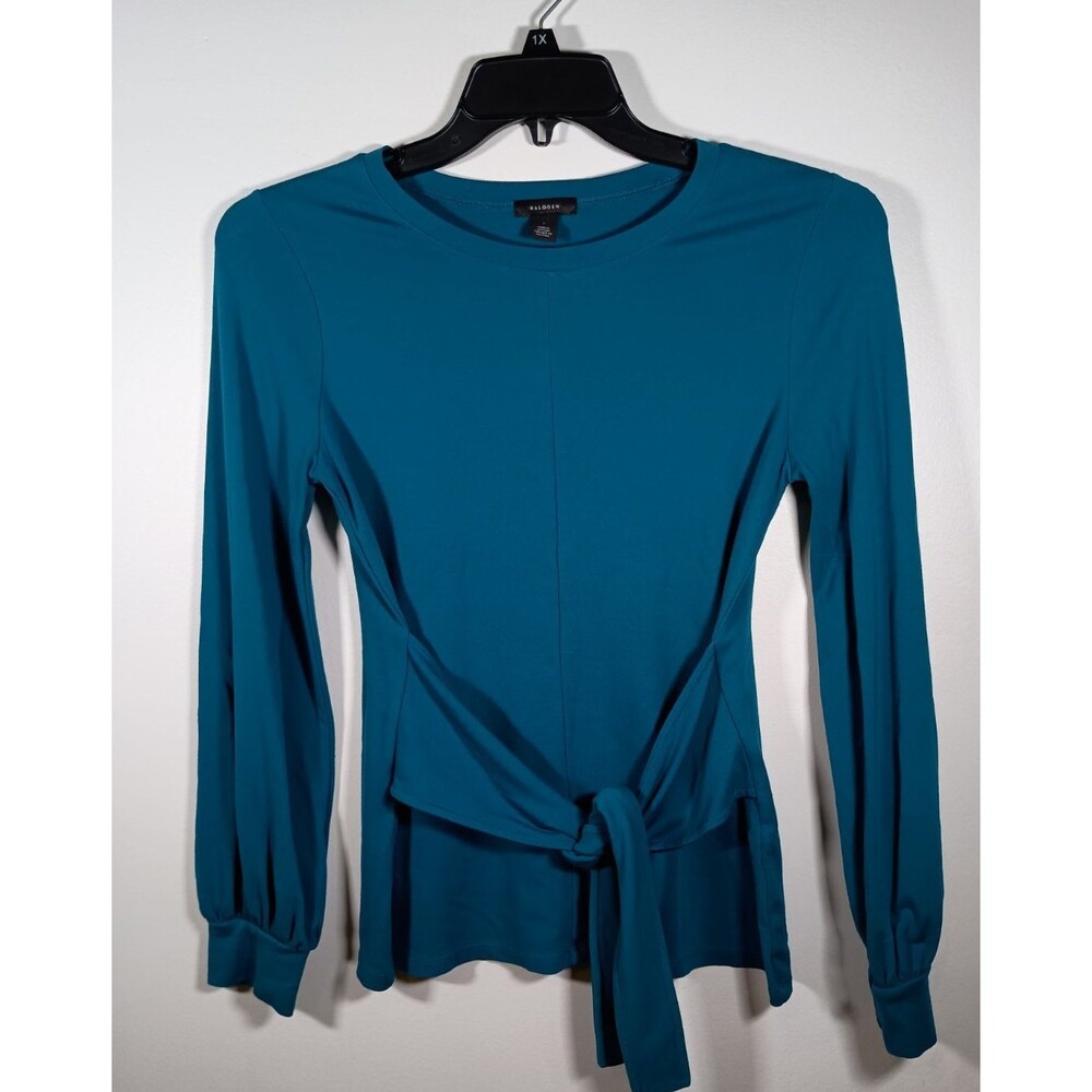Halogen Teal Long Balloon Sleeve Waist Tie Tunic Shirt Size Small